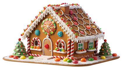 Holiday gingerbread house, colorful decor, cut out transparent