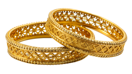 Elegant golden bangles with intricate designs, cut out transparent