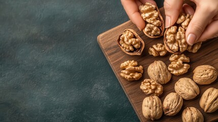 Hand cracking walnuts open on a wooden board, natural brain food, rich in healthy fats