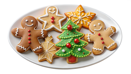 Colorful holiday cookies arranged on a platter, cut out transparent