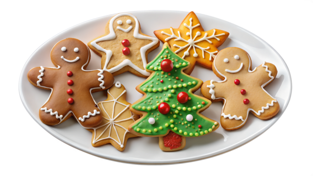 Colorful holiday cookies arranged on a platter, cut out transparent