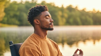 Finding Serenity: Black Man with Disability Meditating by Lake, Embracing Harmony of Body, Mind, and Nature (Selective Focus, Double Exposure)