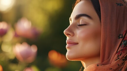 Tranquil Middle Eastern Woman Practicing Mindfulness in Botanical Garden, Embracing Nature's Harmony for Mental Clarity - Close Up Meditation in Vibrant Floral Setting