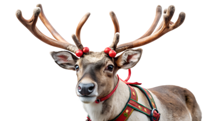 Festive reindeer in winter gear, cut out transparent