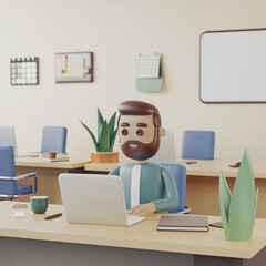 3D render of a modern office space. There's a man with a beard sitting at a desk, looking at a laptop. The desk has a few items, including acup, a pen, and a notebook