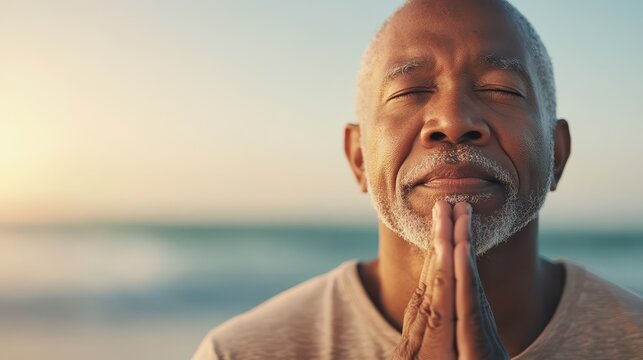 Serene Senior African American Man Practicing Yoga on Beach, Embracing Aging and Wellness Connection Along Ocean Shoreline (Selective Focus, Realistic Lifestyle, Beach Yoga Theme, Physical Activity, - Powered by Adobe