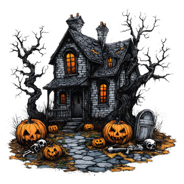 Halloween Spooky Haunted House isolated on a transparent background