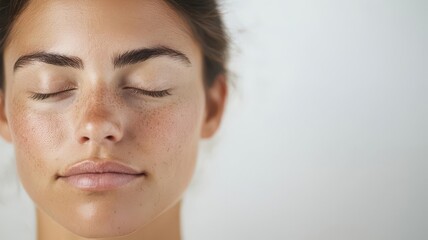 A serene portrait of a woman with closed eyes, embodying tranquility and peace, perfect for wellness and relaxation themes.