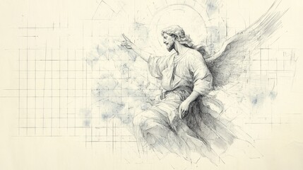 Fototapeta premium Angel with wings on the background of the clouds. Digital illustration.