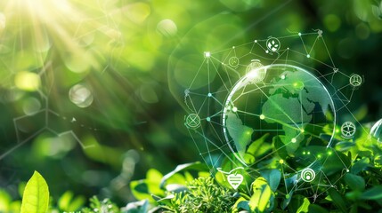 A glass globe with sustainability icons floating over green foliage in a sunny forest.