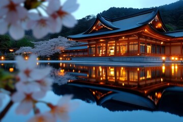 Fototapeta premium Honeymoon in Japan, cherry blossoms, peaceful temples offers serenity and beauty in a country rich with culture and natural wonders