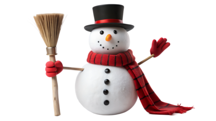 Cheerful snowman waving with a broom and scarf, cut out transparent