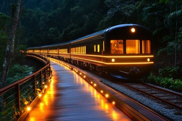 Obraz premium Honeymoon luxury train journey, scenic routes, elegant travel takes couples on a romantic and leisurely journey through beautiful landscapes