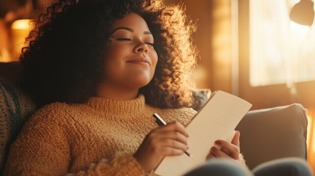 Reflective Self-Care: Plus-Size Latina Woman Journaling with Emotional Connection in Cozy Whimsical Room Silhouette