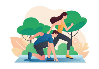 People do sports concept with people scene in the flat cartoon style. A man and a woman run together in the park and feel the determination and joy of outdoor activity. Vector illustration.