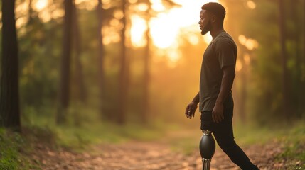 Healing Power of Mindful Walking: Black Man with Prosthetic Leg Finding Peace in Nature Silhouette