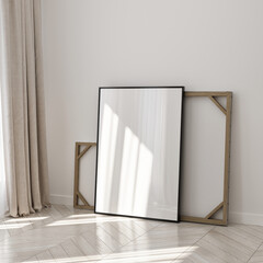 Frame mockup, ISO A paper size. Living room wall poster mockup. Interior mockup with house background. Modern interior design. 3D render