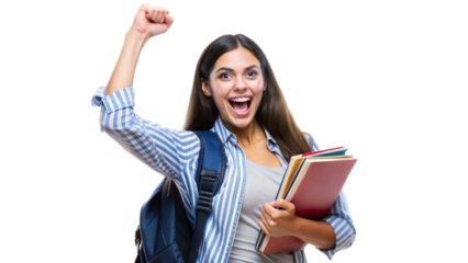 Student celebrates academic achievement with books, cut out transparent