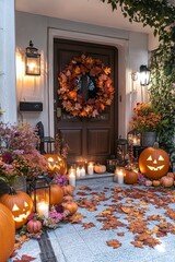 Obraz premium Halloween pumpkin decorations. Pumpkin for decorated house. Halloween Decorated at front yard of a American home. Halloween decorated front door with pumpkins.