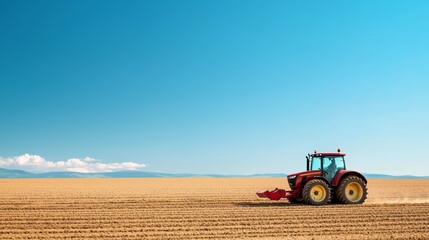Obraz premium A solar-powered tractor working in a large field under a clear blue sky