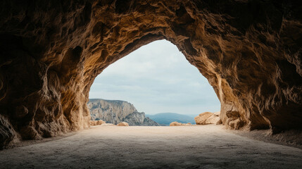 A clean, well lit cave entrance framed by neatly arranged rocks offers stunning view of landscape beyond.