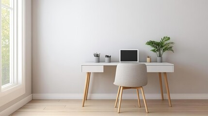 Bright, airy minimalist workspace with a clean desk, ergonomic chair, and natural light, promoting a fresh and modern feel