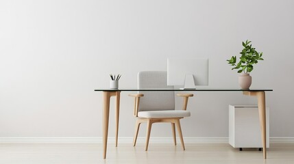 Bright, minimalist office space with a glass desk, ergonomic chair, and natural wood elements, creating a modern feel