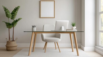 Bright, minimalist office space with a glass desk, ergonomic chair, and natural wood elements, creating a modern feel