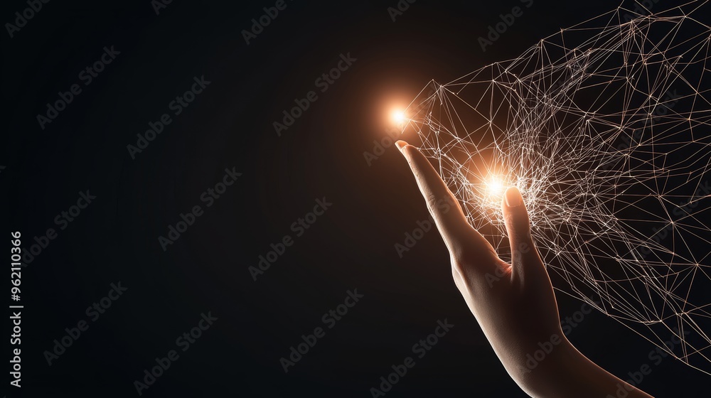 Poster digital hand touching a glowing network node front view representing human interaction with technolo