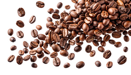 Naklejka premium Freshly roasted coffee beans spread on a surface, cut out transparent