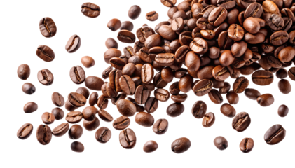 Freshly roasted coffee beans spread on a surface, cut out transparent