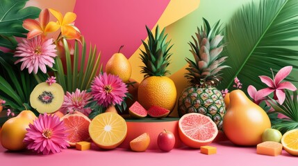 Various fruits displayed in full frame with AI generative illustration