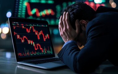 Distressed investor at desk, laptop open, stock market decline on screens, hands on head in frustration, economic downturn, high detail, moody office lighting