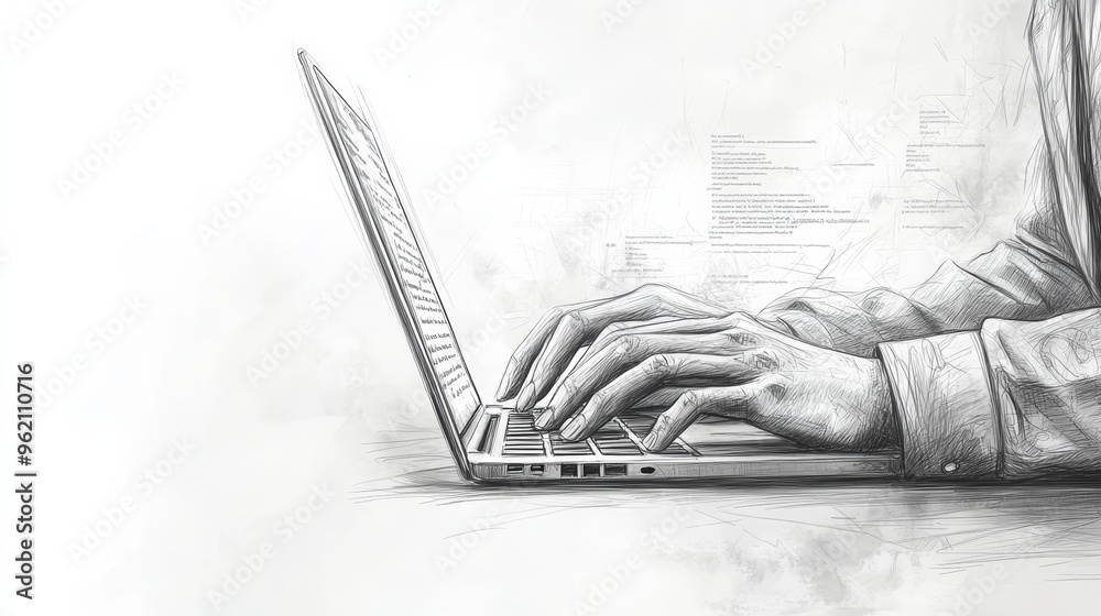 Aufkleber Sketch of hands typing on a laptop with code on screen, representing software development and programming concepts.