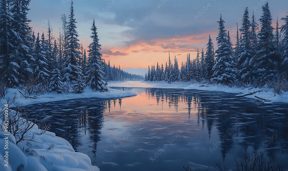 Poster a serene winter landscape with a river flowing through a snowy forest under a pink sky