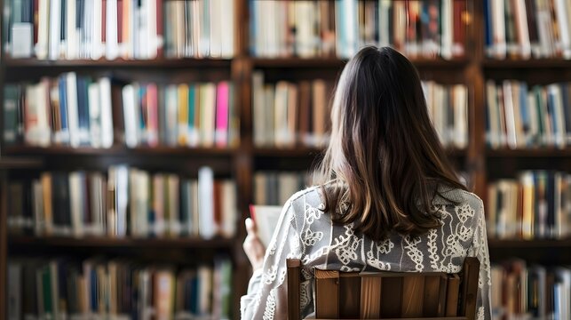 Woman reading a book in a library