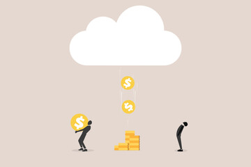 Businessman receiving money rain from cloud
