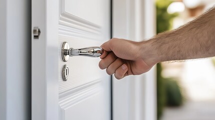 A modern white door with a chrome metal handle and a man's arm opening the door. A closeup of the interior. 