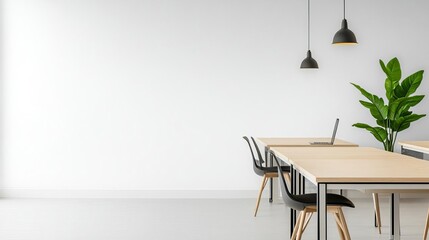 Minimalist coworking space with shared desks, neutral tones, and clean, open layouts, fostering collaboration and creativity