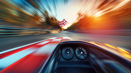 Obraz premium Speeding race car with motion blur, checkered flag, and speedometer. 