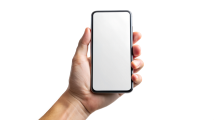 Hand with blank smartphone on white, cut out transparent