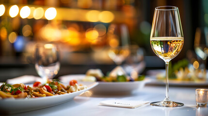 Elegant and select restaurant table Wine Glass and appetizers, on the bar table Soft light and romantic atmosphere dinner wedding service menue