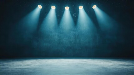 Stage lights in the shape of celestial bodies, starry night backdrop, cool blue tones, serene and mystical mood