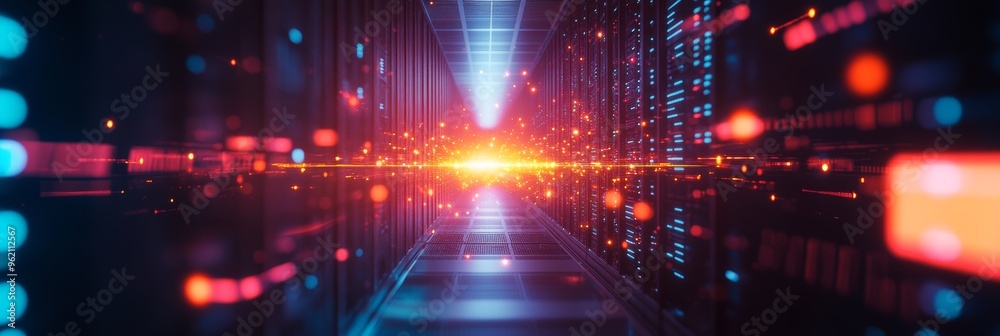 Poster A futuristic data center with pink and orange light trails representing data transfer in cloud infrastructure. Emphasizes high-tech server systems.