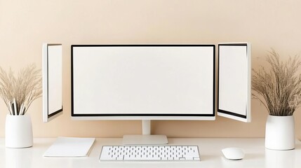 Minimalist desk setup with dual monitors, white keyboard, and an empty notepad, symbolizing a fresh start to work