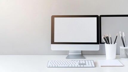 Fototapeta premium Minimalist desk setup with dual monitors, white keyboard, and an empty notepad, symbolizing a fresh start to work