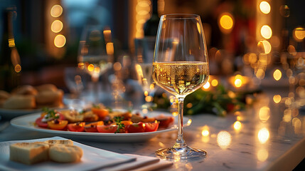 Elegant and select restaurant table Wine Glass and appetizers, on the bar table Soft light and romantic atmosphere dinner wedding service menue