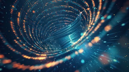 Abstract digital tunnel with glowing lights and particles.