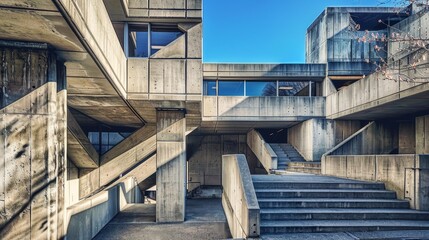 Fototapeta premium Concrete Stairway Perspective, Wide Angle, Concrete Building Exterior, Steps, Structure, Architecture, Minimalism