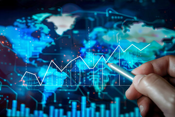 Hand drawing a rising chart over global data visualization on a digital screen